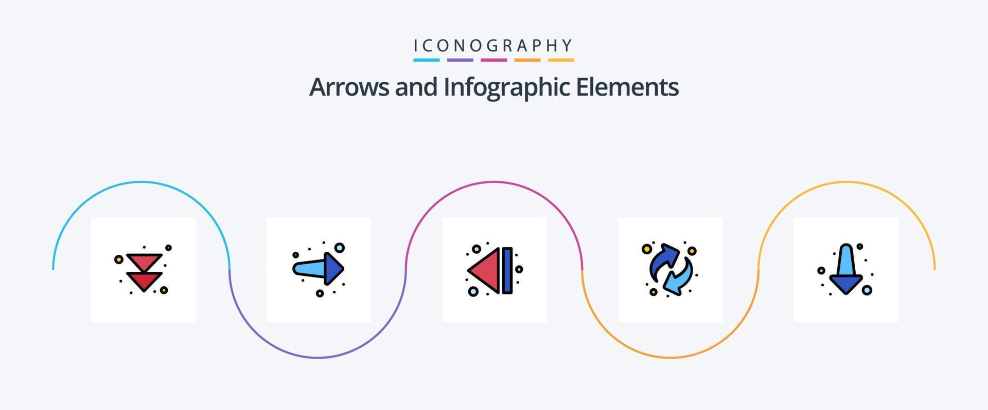 linha de seta preenchida com 5 ícones planos, incluindo . completo. fim. abaixo. recursos vetor