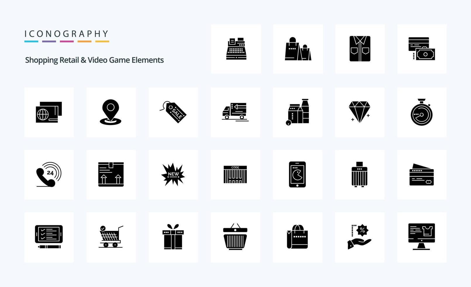 25 elementos de varejo e videogame de compras pacote de ícones de glifos sólidos vetor