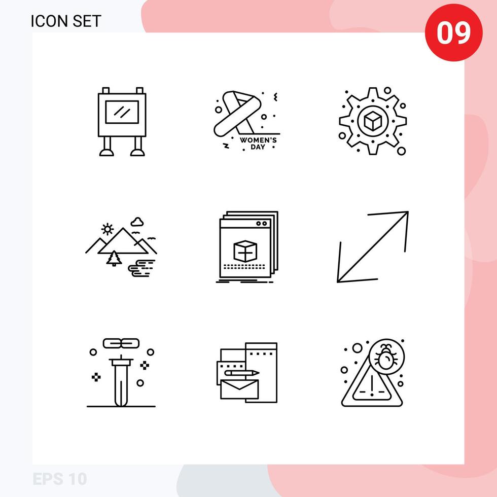 grupo de símbolos de ícone universal de 9 contornos modernos de software de aplicação impressão sol elementos de design de vetores editáveis ao ar livre