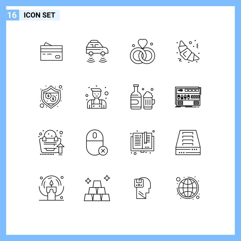 conjunto de esboço de interface móvel de 16 pictogramas de anéis de carro croissant v wifi elementos de design de vetores editáveis