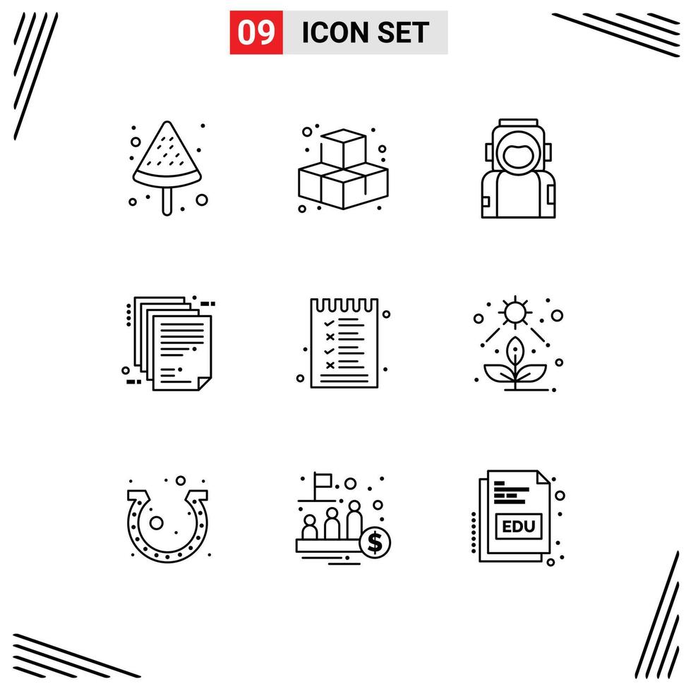 grupo de símbolos de ícone universal de 9 contornos modernos de lista de papel astronauta arquivo documento editável vetor elementos de design