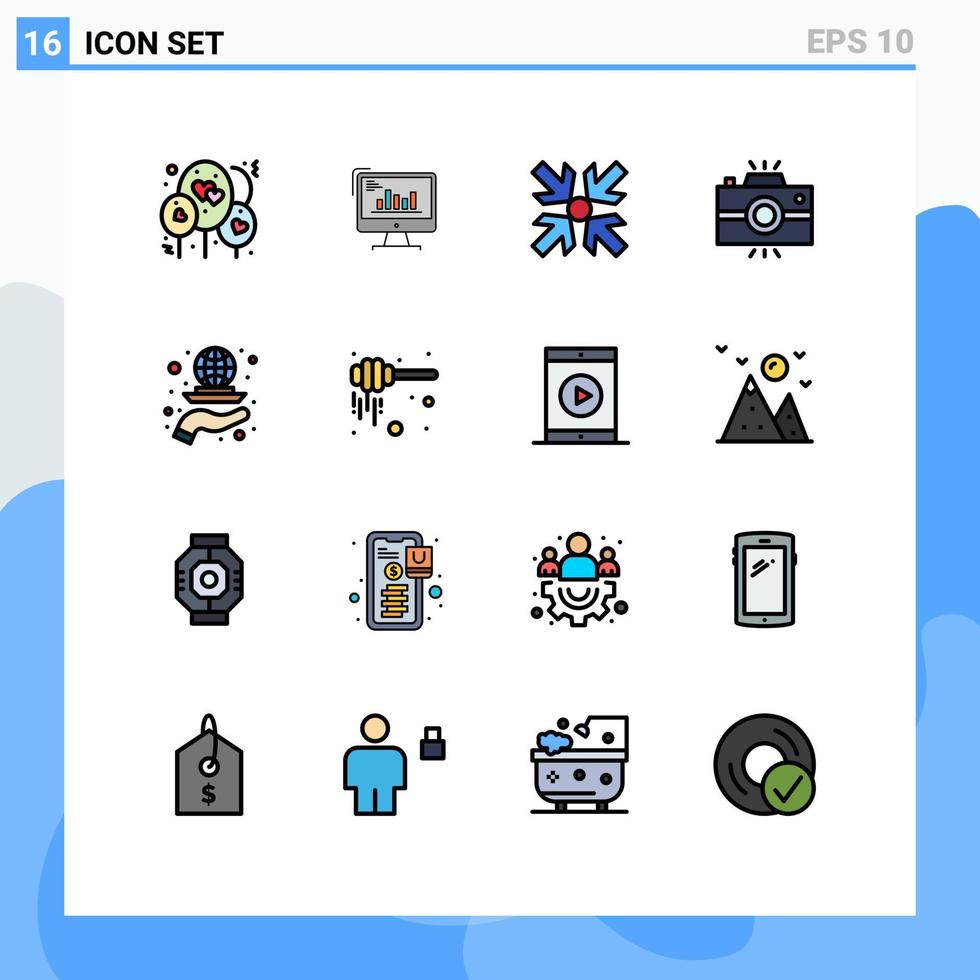 pacote de 16 sinais e símbolos de linhas preenchidas de cores planas modernas para mídia de impressão na web, como câmera de marketing de fotografia de câmera vintage, minimiza elementos de design de vetor criativo editáveis