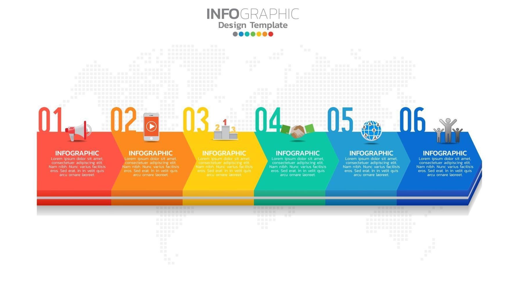 infográfico elemento de cor de 6 etapas com seta, diagrama gráfico, conceito de marketing on-line de negócios. vetor