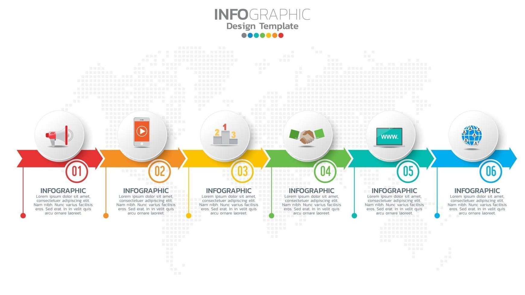 infográfico elemento de cor de 6 etapas com seta, diagrama gráfico, conceito de marketing on-line de negócios. vetor