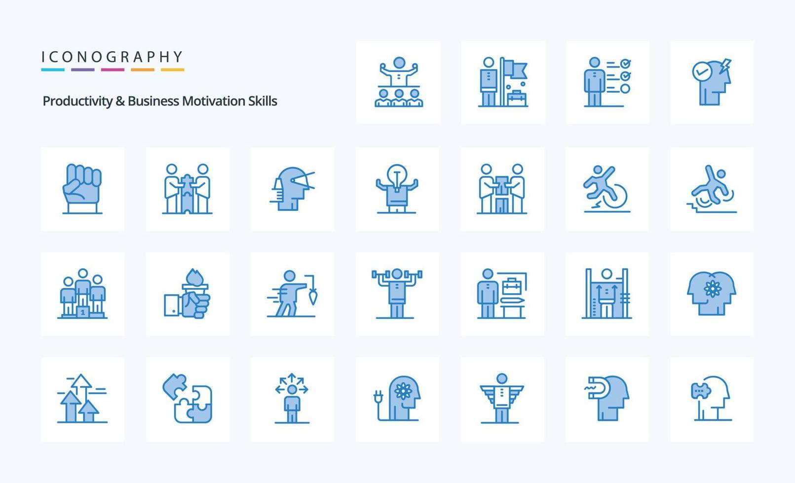 25 habilidades de produtividade e motivação empresarial pacote de ícone azul vetor