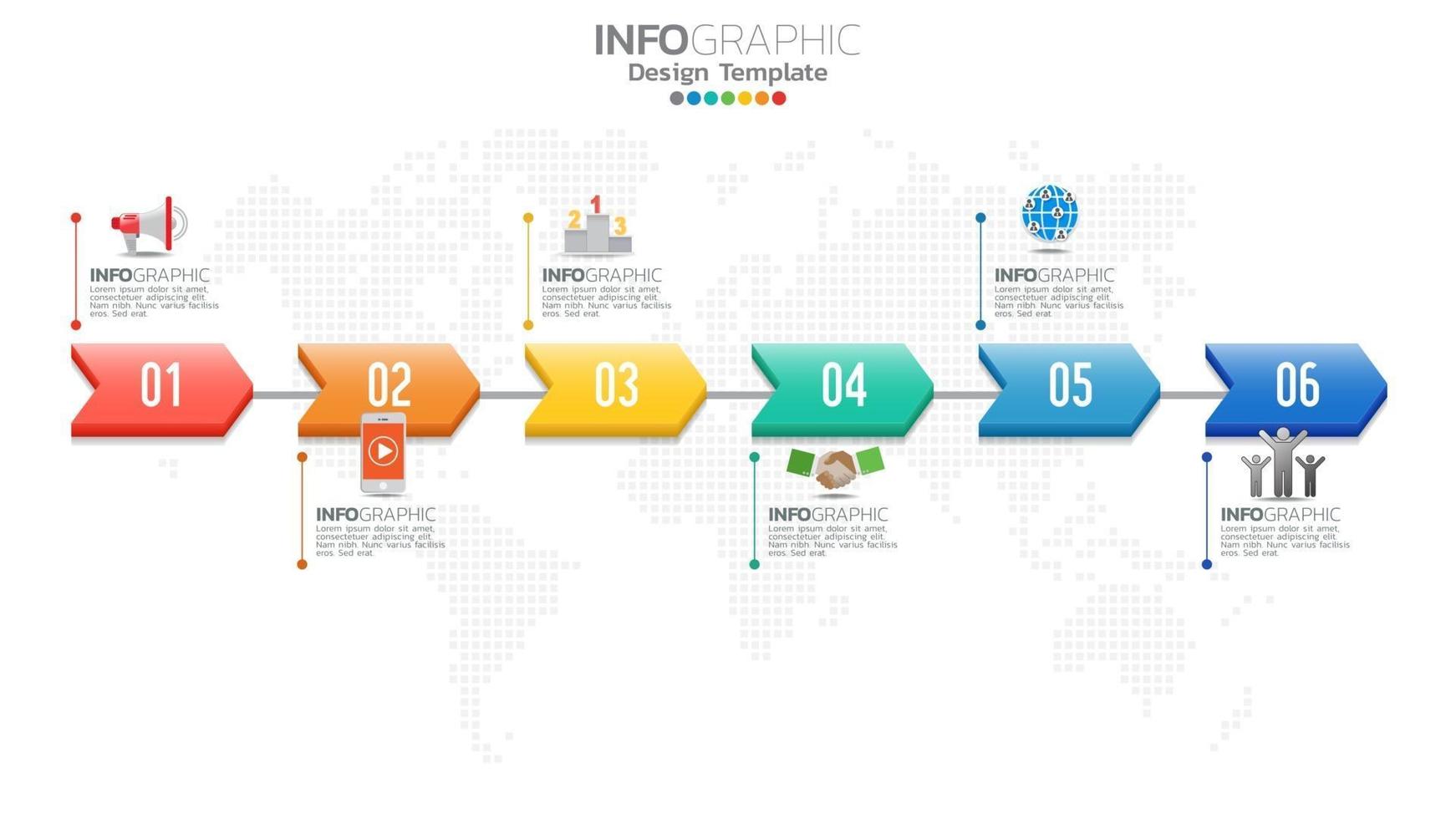 infográfico elemento de cor de 6 etapas com seta, diagrama gráfico, conceito de marketing on-line de negócios. vetor