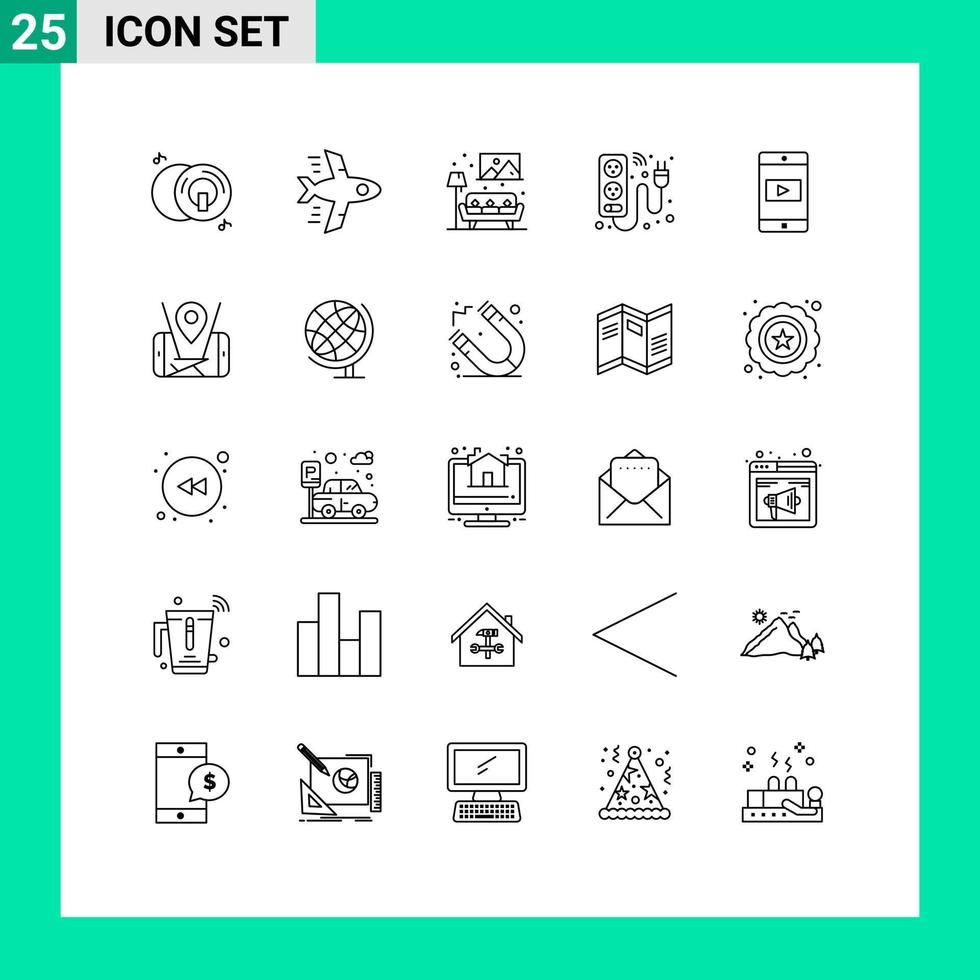 grupo de 25 linhas modernas definidas para elementos de design de vetores editáveis de dispositivo de eletricidade viva de energia móvel