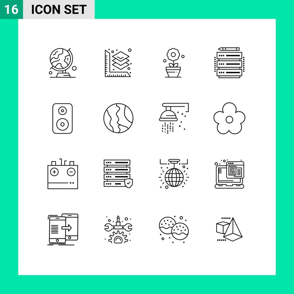grupo de 16 contornos modernos definidos para elementos de design de vetor editável de banco de dados de servidor de planta de alto-falante