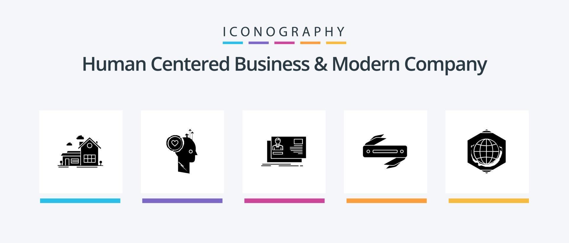 negócios centrados no ser humano e pacote de ícones de glifos de 5 empresas modernas, incluindo nítido. faca. escritório. convite. identidade. design de ícones criativos vetor