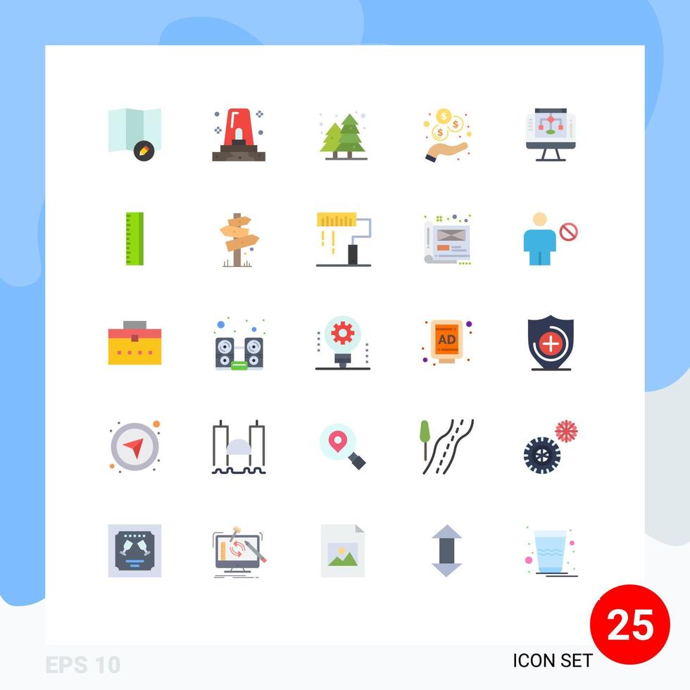 conjunto de cores planas de interface móvel de 25 pictogramas de paisagem urbana de servidor educacional compartilham elementos de design de vetores editáveis de receita