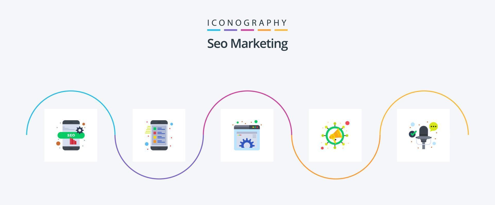 pacote de ícones de 5 planos de marketing de seo, incluindo . multimídia. engrenagem. microfone. SEO vetor