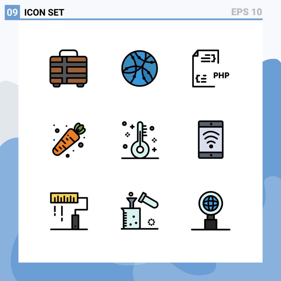 9 interface do usuário pacote de cores planas de linha cheia de sinais e símbolos modernos do festival de codificação de vegetais arquivo de alimentos editáveis elementos de design vetorial vetor
