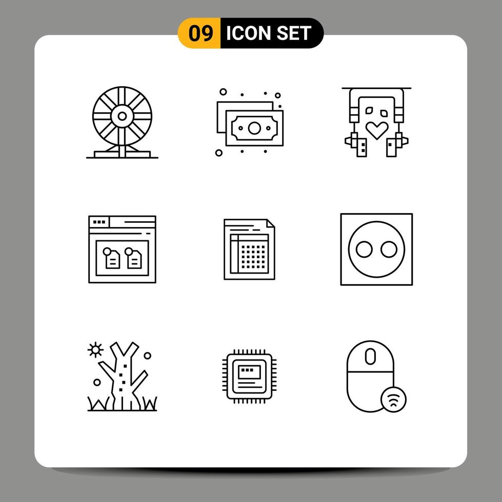 pacote de interface do usuário de 9 contornos básicos de arquivo de contas fones de ouvido arquivo de documentos elementos de design de vetores editáveis