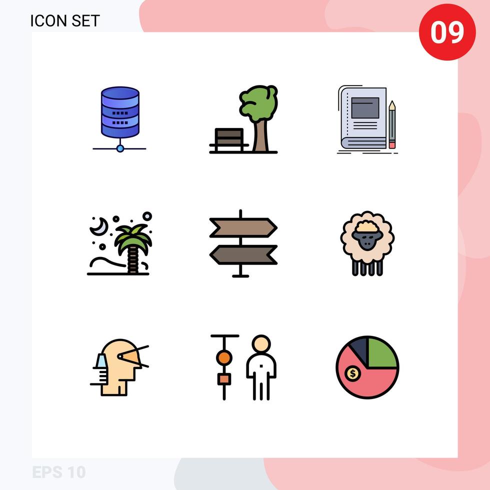 pacote de 9 sinais e símbolos modernos de cores planas de linha preenchida para mídia impressa na web, como elementos de design de vetor editável de escola de árvore de livro de natureza de coco