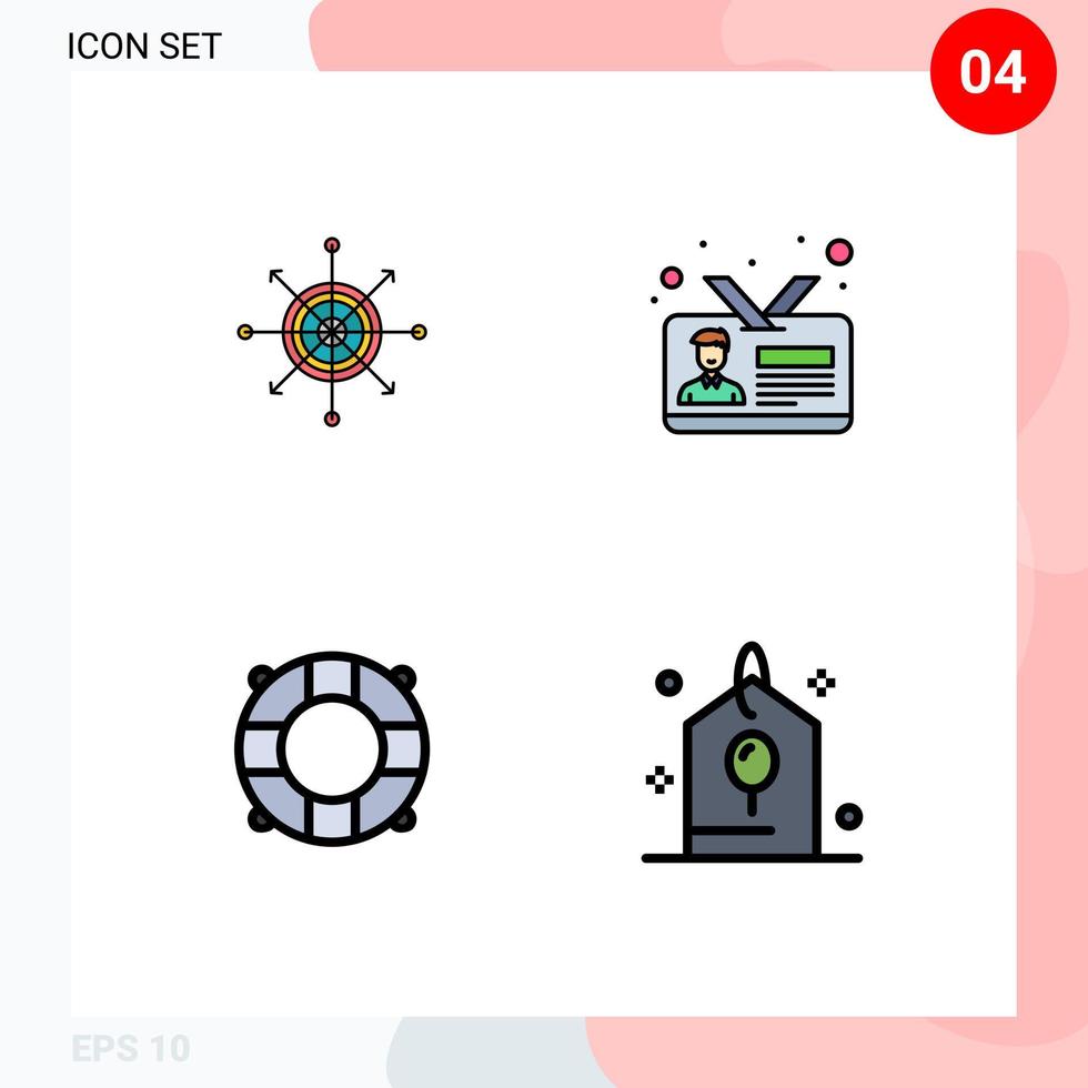 pacote de 4 sinais e símbolos modernos de cores planas de linha preenchida para mídia impressa na web, como foco cartão de funcionário cartão de seta salva-vidas elementos de design de vetores editáveis