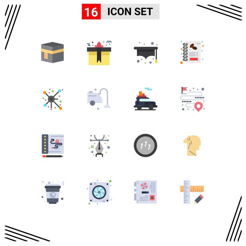 conjunto moderno de 16 cores planas e símbolos, como menu de distribuição, pacote editável de estudante de café de elementos de design de vetores criativos