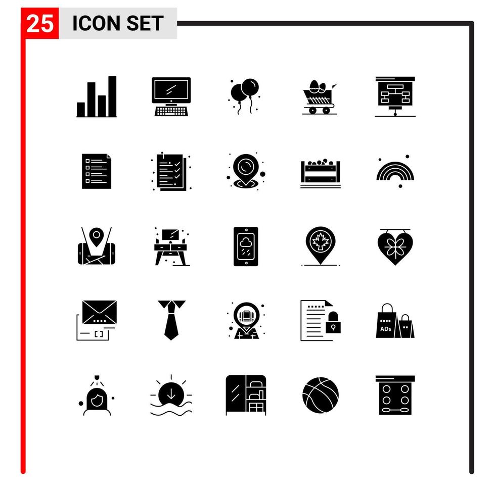 grupo de símbolos de ícone universal de 25 glifos sólidos modernos de gráfico de apresentação bloon carrinho de compras elementos de design de vetores editáveis