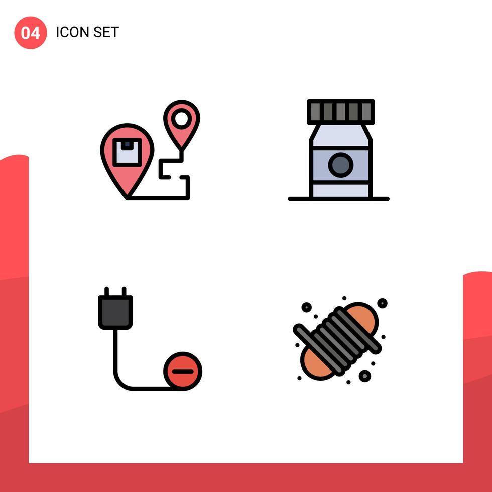 conjunto de cores planas de linha preenchida de interface móvel de 4 pictogramas de mapa de cabo de entrega, garrafa, hardware, elementos de design de vetores editáveis