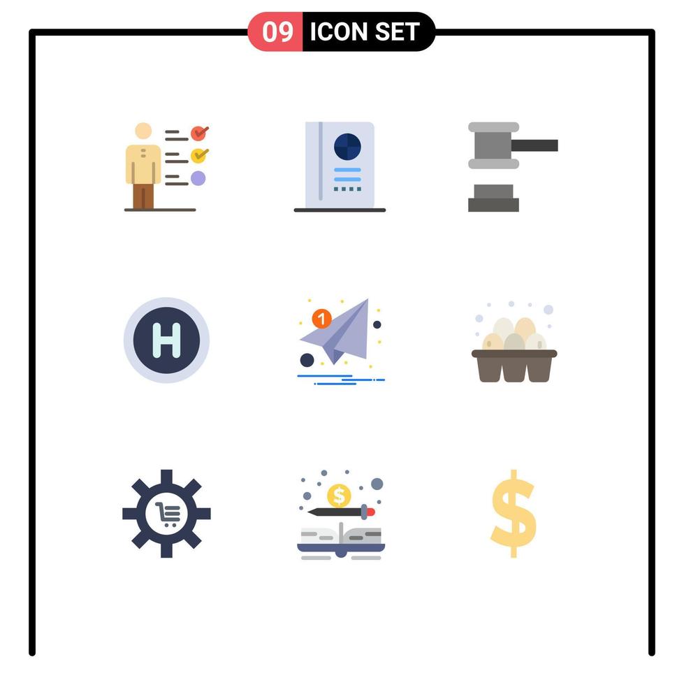 9 pacote de cores planas de interface de usuário de sinais e símbolos modernos de notificação carta martelo e-mail hospital elementos de design de vetores editáveis