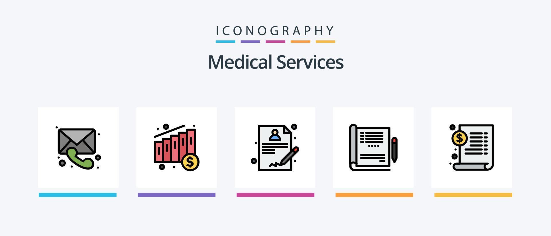 a linha de serviços médicos preencheu o pacote de 5 ícones, incluindo prescrição. hospital. papel médico. documento. médico. design de ícones criativos vetor