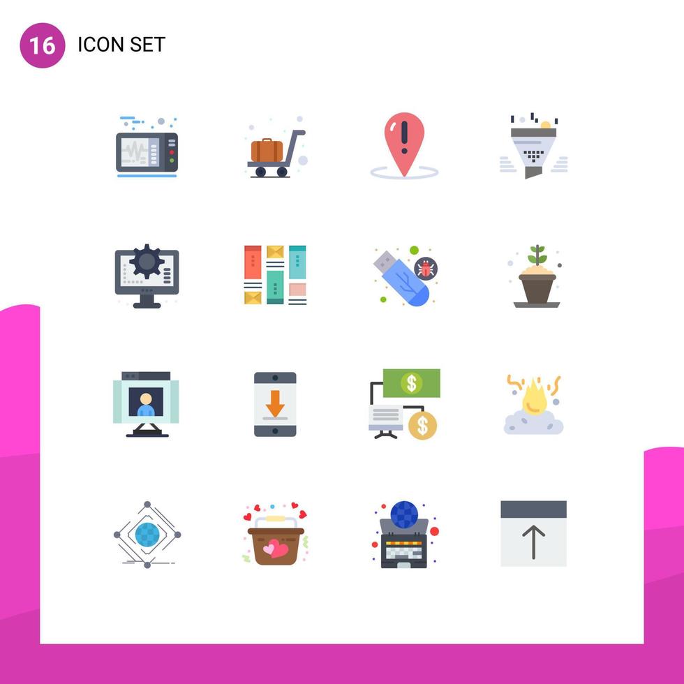 pacote de 16 sinais e símbolos modernos de cores planas para mídia impressa na web, como interface, resultado, ferramenta, funil, pacote editável de elementos de design de vetores criativos