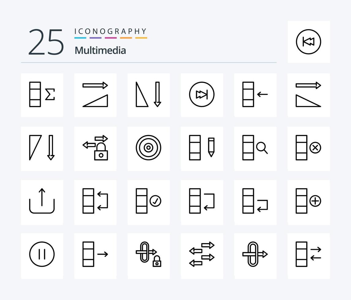 pacote de ícones multimídia de 25 linhas, incluindo bloqueio. Ordenação. avançar. organizar. importar vetor