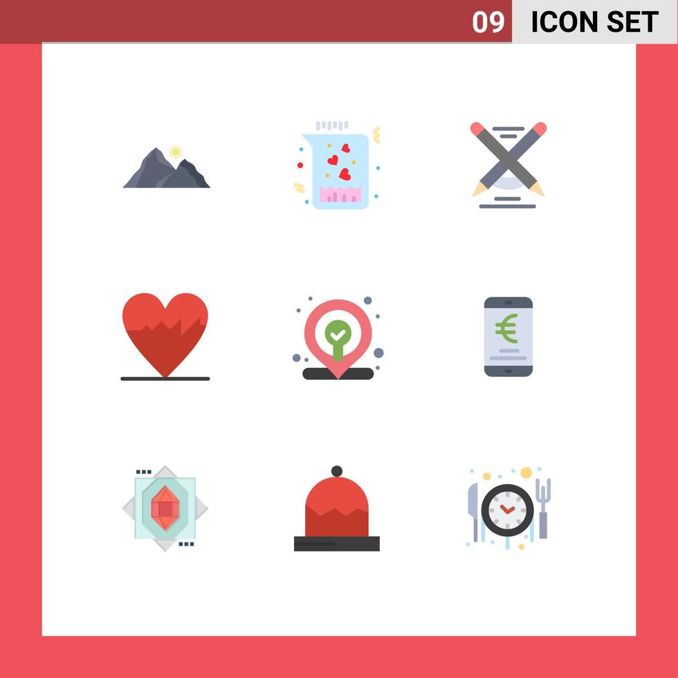 grupo de símbolos de ícone universal de 9 cores planas modernas de localização pulso amor coração escrever elementos de design de vetores editáveis