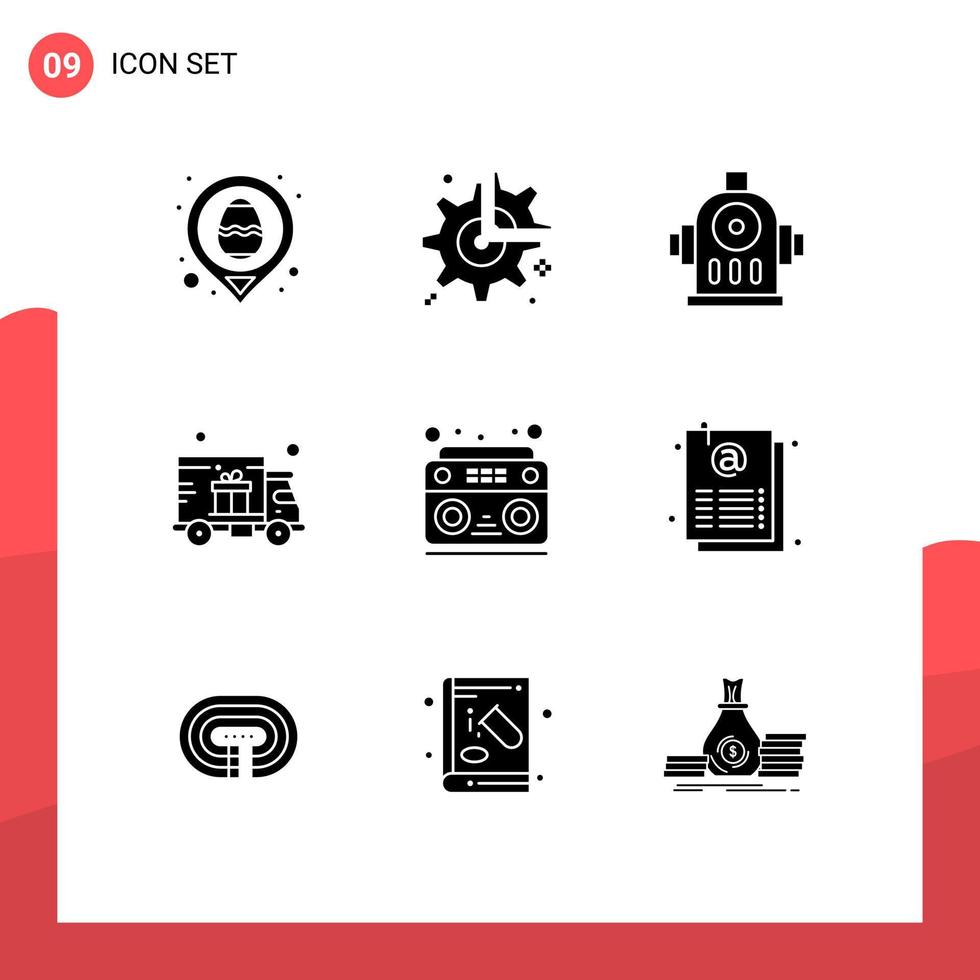 grupo de 9 sinais e símbolos de glifos sólidos para configuração de caminhão de música, envio, entrega, elementos de design de vetores editáveis