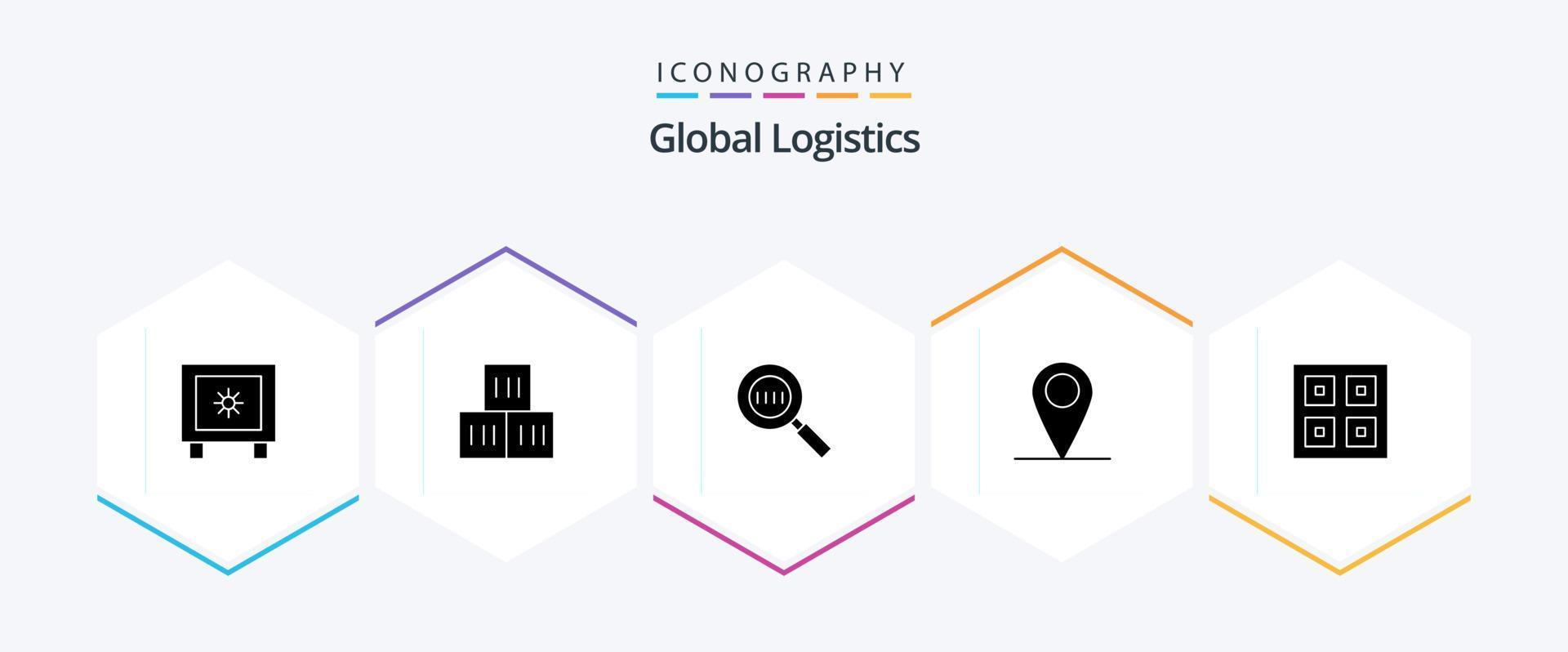 pacote de ícones de 25 glifos de logística global, incluindo caixas. mundo. código. alfinete. global vetor