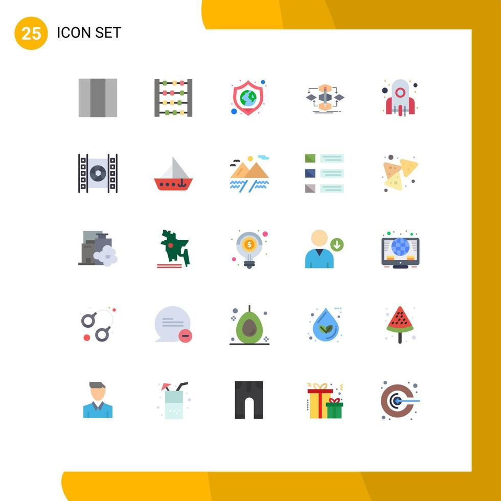 conjunto de cores planas de interface móvel de 25 pictogramas de mundo de negócios de foguetes iniciar modelo elementos de design de vetores editáveis