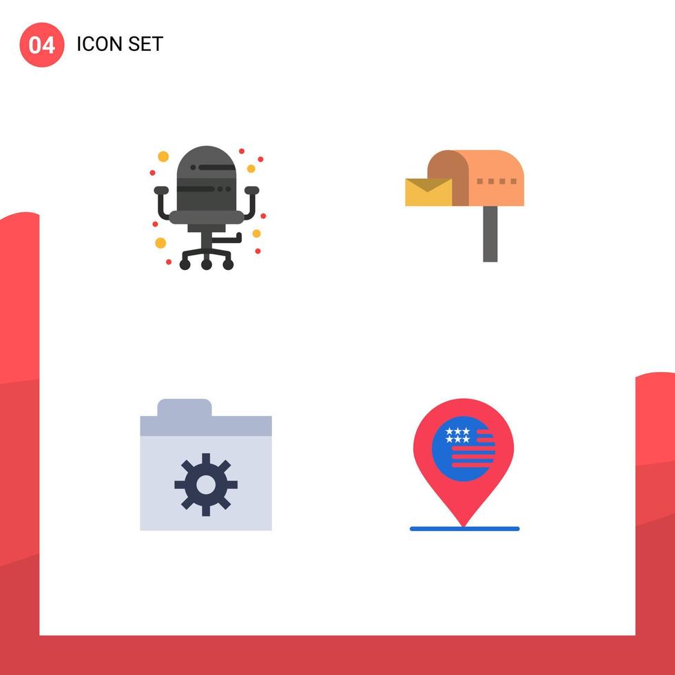pacote de interface de usuário de 4 ícones planos básicos de pasta de cadeira, caixa de correio, localização, elementos de design de vetores editáveis