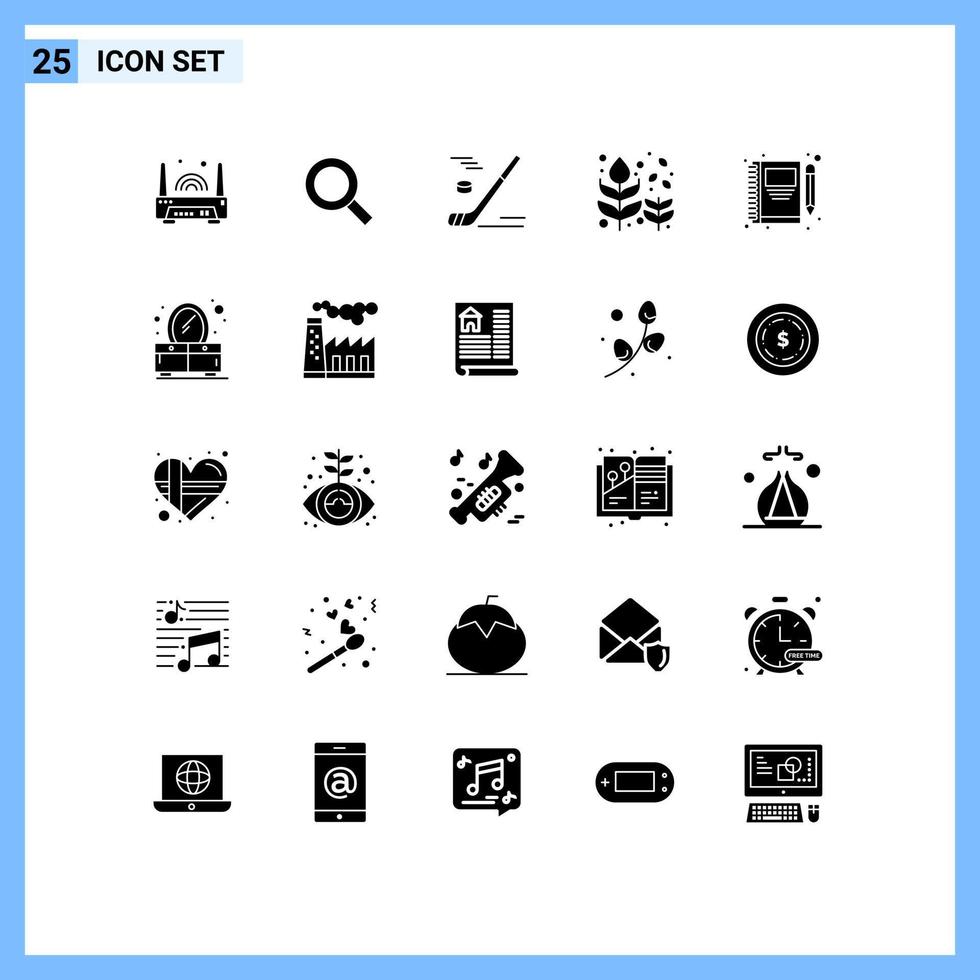 pacote de interface do usuário de 25 glifos sólidos básicos de hóquei em queda de árvore, golpe de hóquei no gelo, elementos de design de vetores editáveis