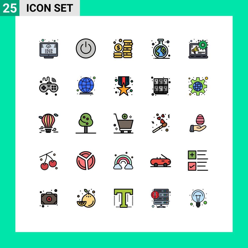 conjunto moderno de pictograma de cores planas de 25 linhas preenchidas de elementos de design de vetor editável de química de estudo de orçamento de tubo de publicidade digital