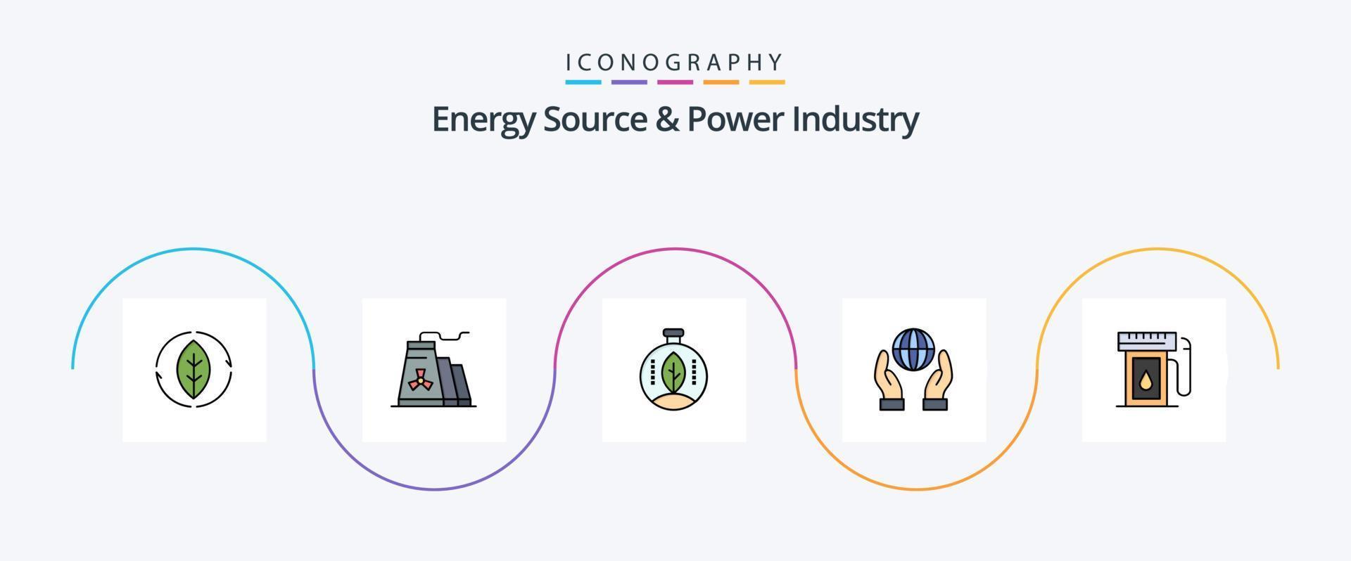 fonte de energia e linha da indústria de energia preenchida com 5 ícones planos, incluindo indústria. poder. verde. energia. biosfera vetor