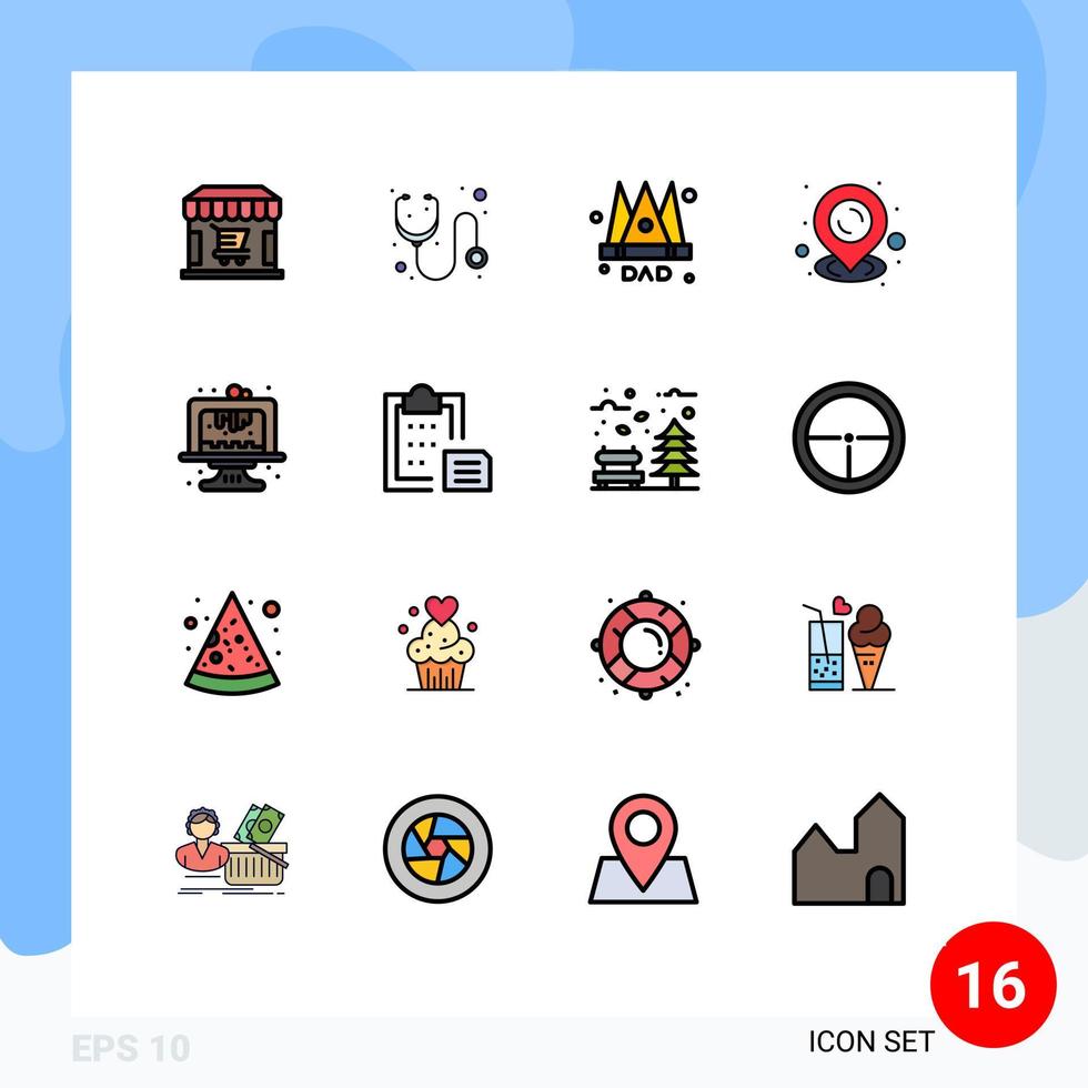 Pacote de linhas preenchidas com cores planas de 16 interfaces de sinais modernos e símbolos de coroa de cozimento de bolo simplificam mapa editável de elementos de design de vetores criativos