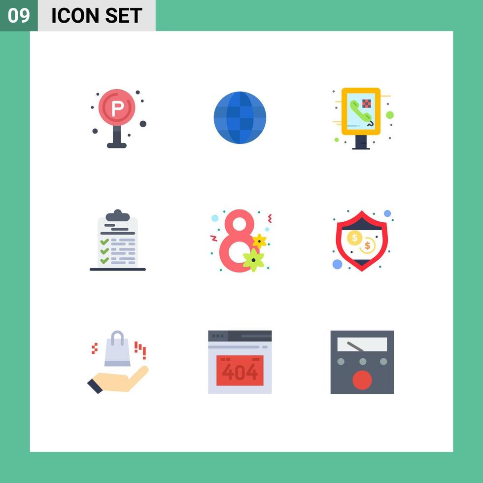conjunto de 9 sinais de símbolos de ícones de interface do usuário modernos para informações de documento de dia lista de verificação de tarefas gráficas elementos de design de vetores editáveis