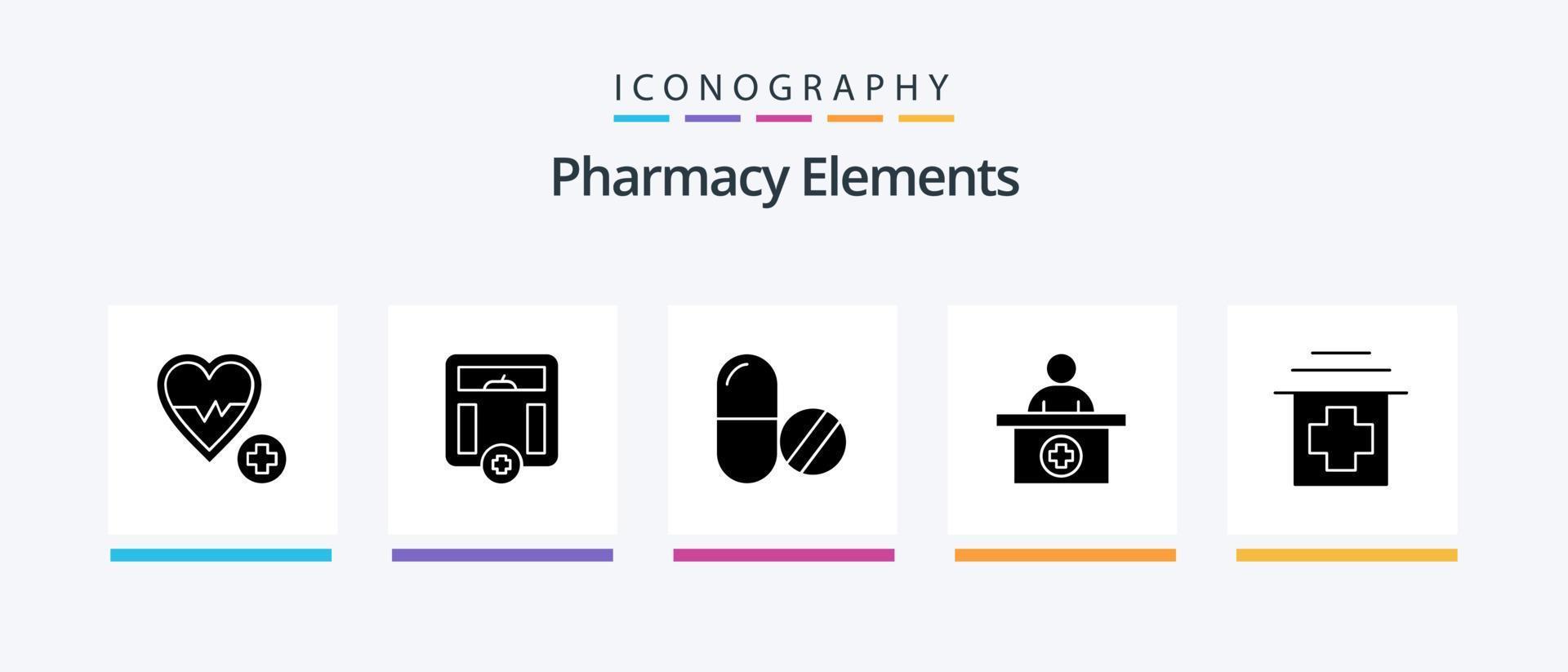 Pacote de ícones de glifo 5 de elementos de farmácia, incluindo recepção. médico. tábua. médico. design de ícones criativos vetor