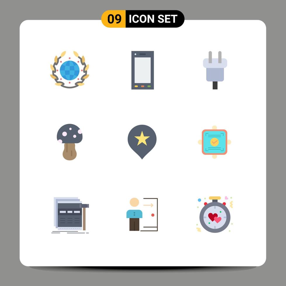 Pacote de cores planas de 9 interfaces de usuário de sinais e símbolos modernos de localização, carga de veneno, natureza, poder, elementos de design de vetores editáveis