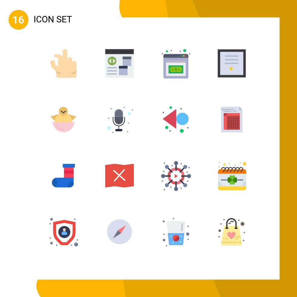 pacote de 16 sinais e símbolos modernos de cores planas para mídia impressa na web, como carimbo de frango, desenvolvimento de negócios, fita insígnia, pacote editável de elementos de design de vetores criativos