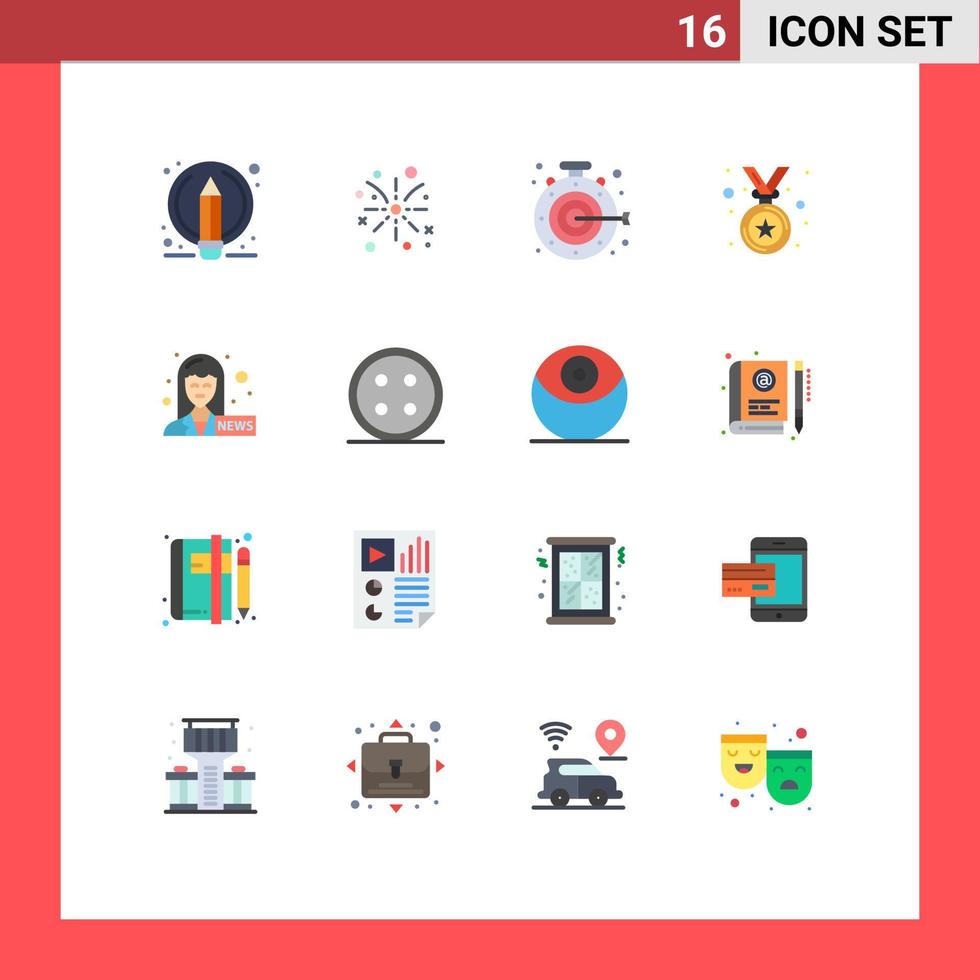 Pacote de cores planas de 16 interfaces de usuário de sinais e símbolos modernos de âncora de notícias vencedora de cronômetro pacote editável de elementos de design de vetores criativos