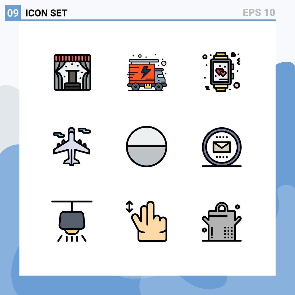conjunto de cores planas de linha preenchida de interface móvel de 9 pictogramas de elementos de design de vetores editáveis de avião de transporte de mundo de tablet