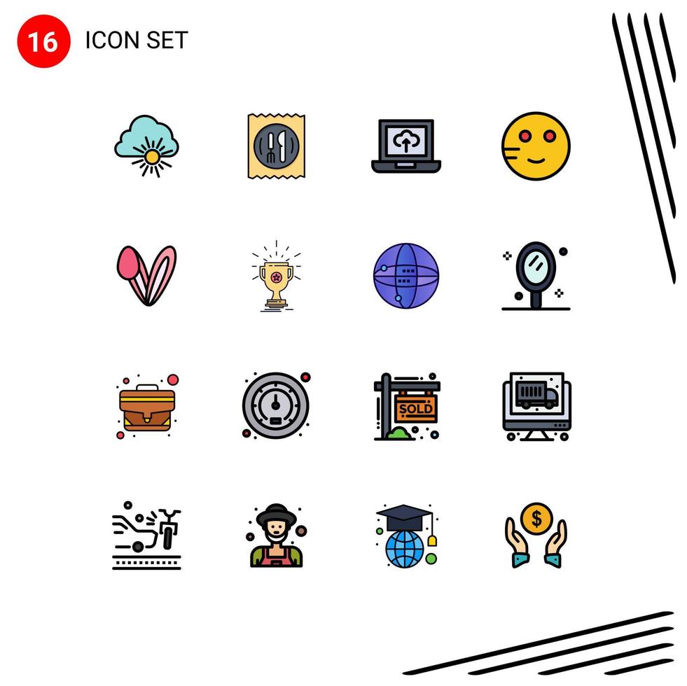 conjunto de linha preenchida de cor plana de interface móvel de 16 pictogramas de rosto animal laptop estudo emojis elementos de design de vetores criativos editáveis