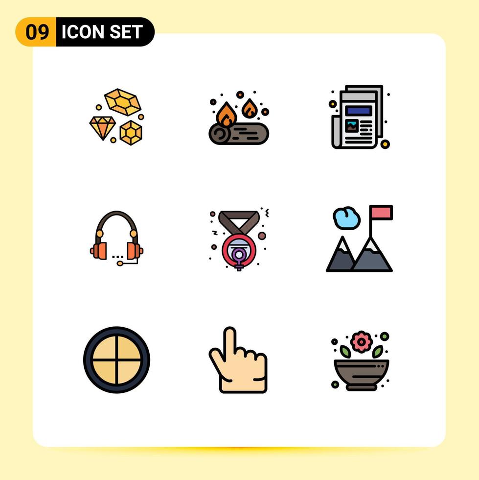 9 cores planas de linhas preenchidas de vetores temáticos e símbolos editáveis de serviço de fone de ouvido, jornal, contato, chamada, elementos de design de vetores editáveis
