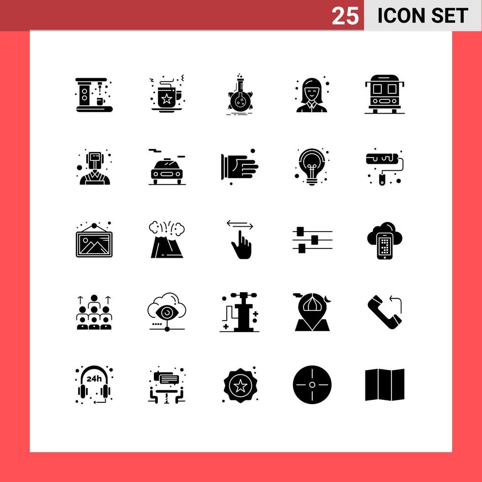 pacote de interface do usuário de 25 glifos sólidos básicos de elementos de design de vetores editáveis de pesquisa de estudante de ônibus