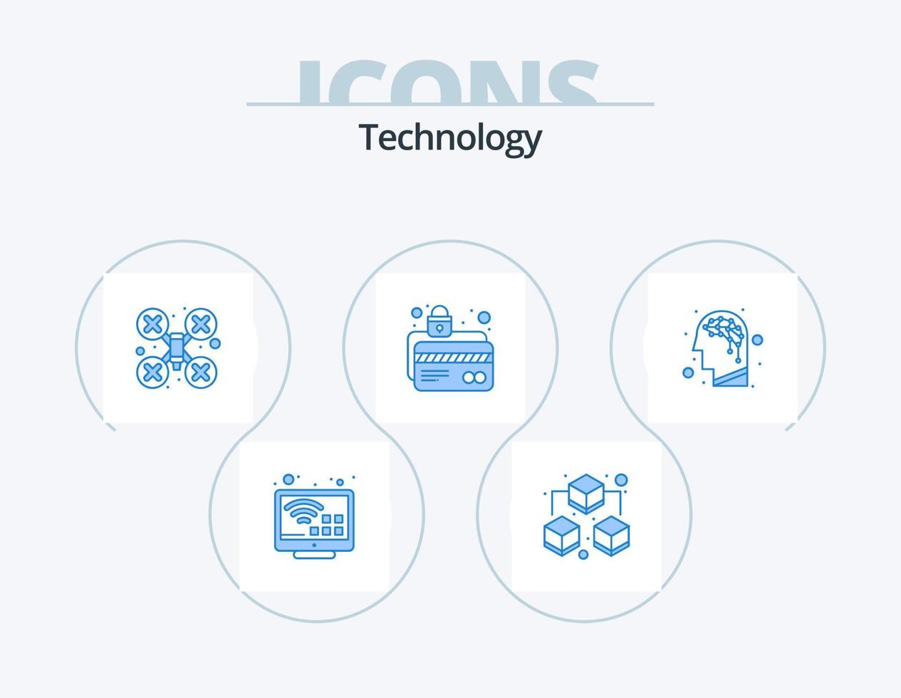 design de ícone do pacote de 5 ícones azul de tecnologia. cérebro. proteção. Câmera. trancar. proteção de cartão vetor