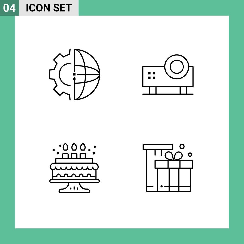 conjunto de pictogramas de 4 cores planas de linhas preenchidas simples de processamento de projetor de vídeo de desenvolvimento, apresentação de powerpoint, bolo, elementos de design de vetores editáveis