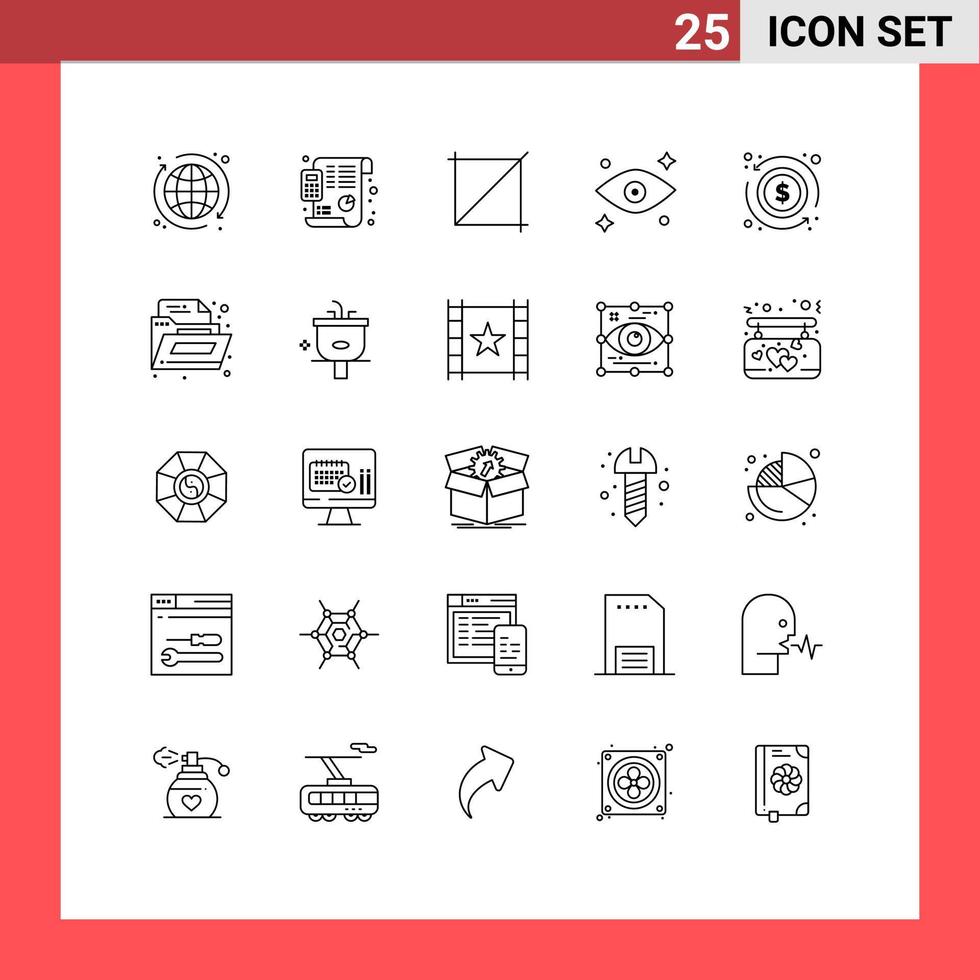 conjunto de linha de interface móvel de 25 pictogramas de dólares de design de troca de documentos assistindo a elementos de design de vetores editáveis