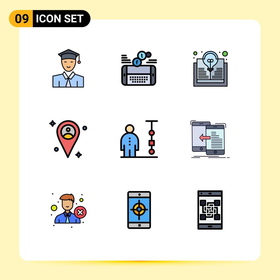 conjunto de cores planas de linha preenchida de interface móvel de 9 pictogramas de gráfico homem twitter ideia de mapa elementos de design de vetores editáveis
