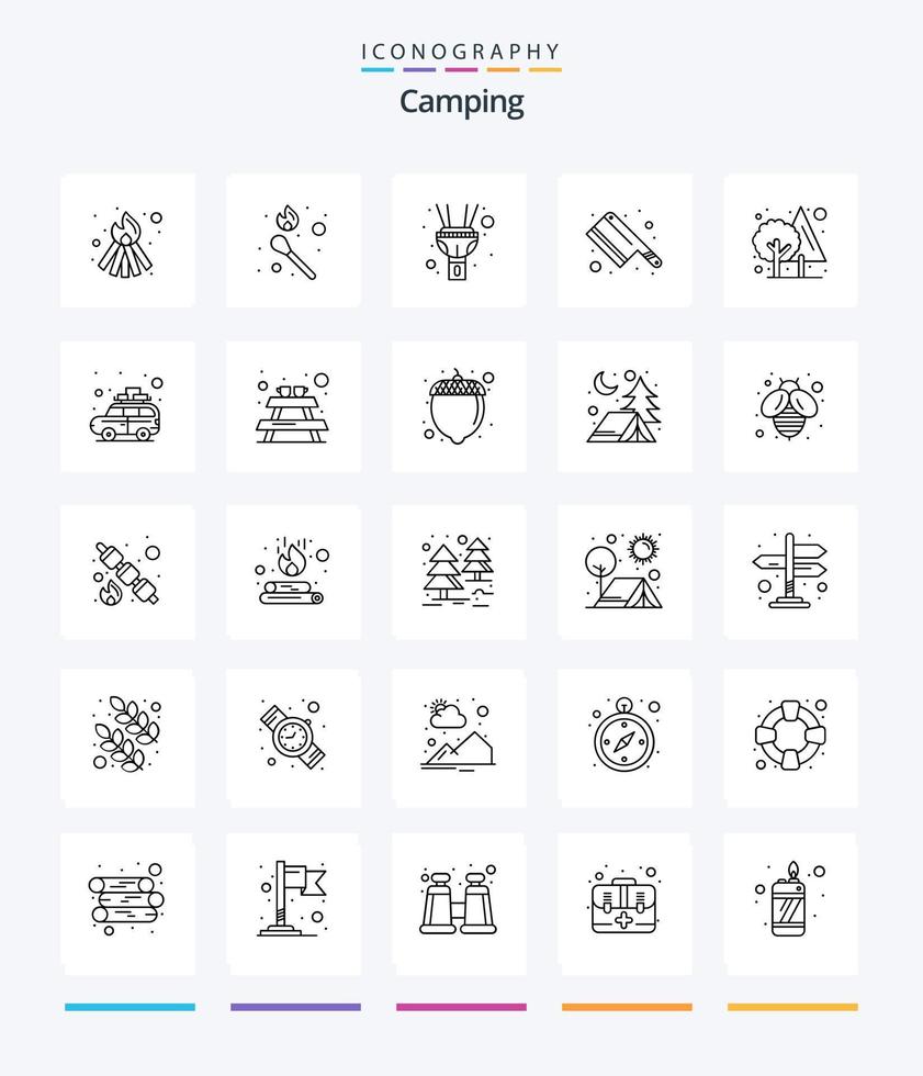 pacote de ícones de contorno de acampamento criativo 25, como acampamento. árvore. luz. selva. faca vetor