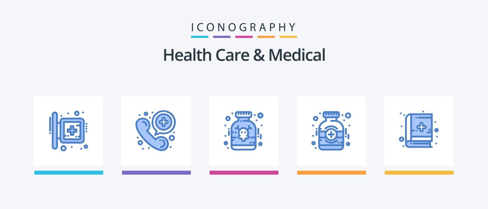 cuidados de saúde e pacote de ícones médicos azuis 5, incluindo livro. medicamento. Telefone. médico. medicamento. design de ícones criativos vetor